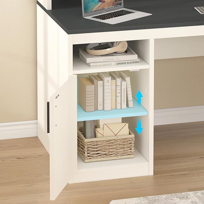 65 Inch Computer Desk with 3 Drawers &amp Storage Shelves Executive Desk with File Drawer &amp Cabinet Home Office Desk with Long Monitor Stand &amp Printer Shelf Black &amp White