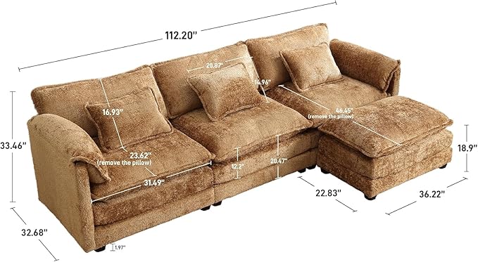 L Shaped Sectional Sofa Cloud Couch for Living Room 112 Chenille Comfy Boucle Modular Sleeper Sofa Modern Upholstery Sofas with Ottoman &amp Memory Foam Brown