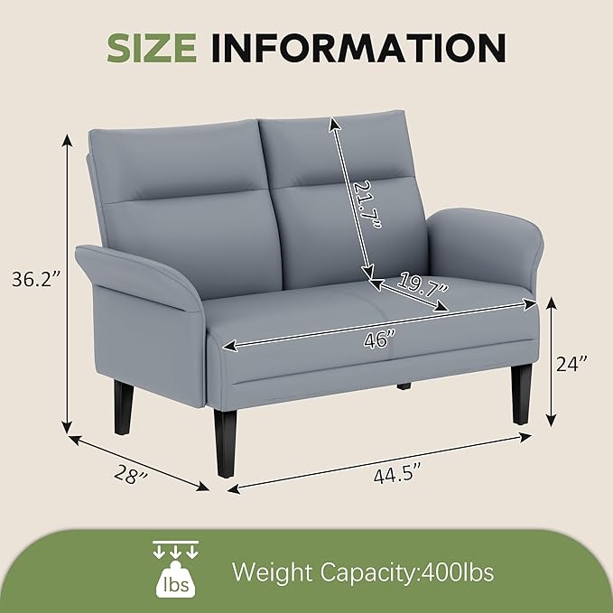 Love Seat Mini Couch Small Settee Loveseat Bench for Living Room Bedroom Office Faux Leather Loveseat Small Sofa Couches with Padded Cushion Grey