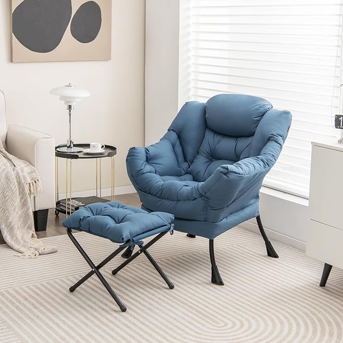 Giantex Lazy Chair with Ottoman Accent Sofa Chair with Folding Footrest Side Storage Pocket Upholstered Leisure Lounge Armchair with Stool for Bedroom Living Room Office Blue
