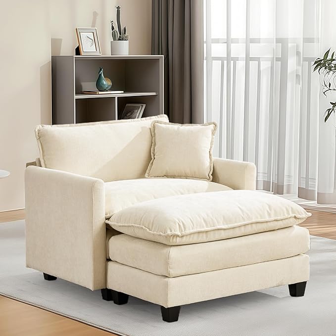 Chenille Upholstered Ottoman Footstool with Cushion for Sectional Sofa Couch 300lbs for Living RoomApartmentHome Theater(Beige)