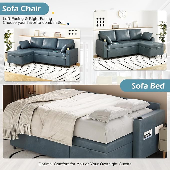 Leather Sleeper Sofa 83.5'' Sofa Bed with Storage Chaise Pull Out Couch with USB Cup Holders and Side Pockets L-Shaped Convertible Couches for Living Room-Faux Leather Blue