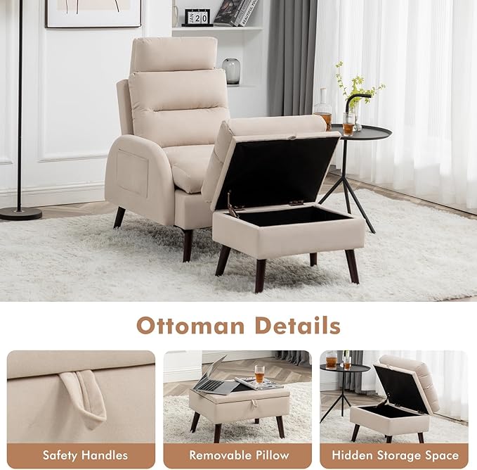 Accent Chair with Ottoman Comfy Reading Chair and Ottoman Set Modern Oversized Lounge Armchair with Adjustable Backrest for Living Room Bedroom Velvet Khaki