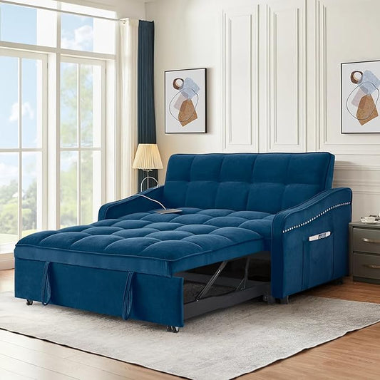 Antetek 3 in 1 Sleeper Sofa Couch Bed with USB &amp Type C Port 52 Small Modern Convertible Tufted Velvet Loveseat Sofa w/Pull Out Bed for Living Room Small Space Apartment Blue