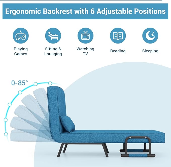 HOMGX 4-in-1 Convertible Sofa Chair Bed Leisure Recliner Sleeper w/ 6 Adjustable Position Backrest Lounge Seat Folding Sofa Bed w/High Elastic Sponge Ideal for Home Office (Blue)