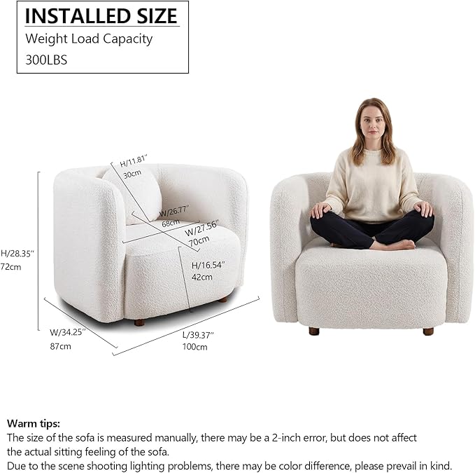 Modern Boucle Accent Square Sofa Chair Oversized Single Cloud Couch Chair Japandi Style 1-Seater Armchair with Thick Foam Comfy Boucle Chair for Living Room &amp Bedroom White