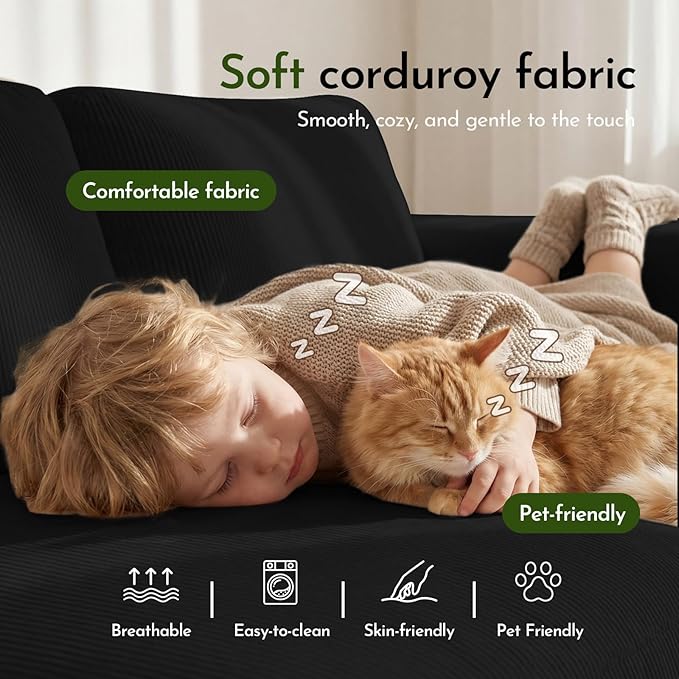 79.1 Corduroy Loveseat Sofa Modern Comfy Couches with Side Pocket 3-Seater Sofa Couch for Living Room Bedroom and Small SpacesBlack