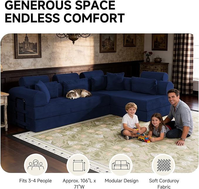 106” Cloud Sectional Couch L-Shaped Sofa with Right Facing Chaise Corduroy Boneless Couches Compressed Modular Sectional Sofa with Deep Seat High Backrest Headrest (Blue)