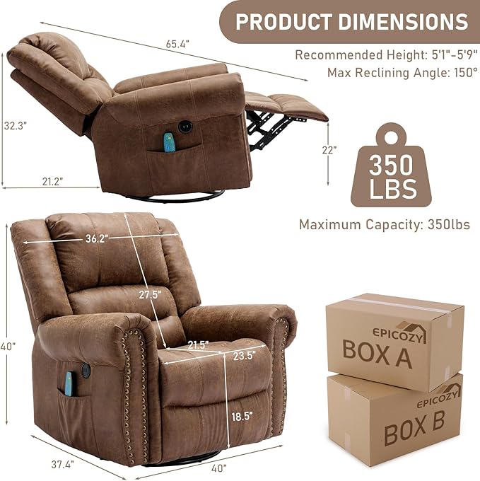 Manual Swivel Rocker Recliner with Heat and Vibration 360° Swivel Glider Rocking Recliner Ergonomic Lounge Massage Recliner Chairs with Side Pockets &amp USB Ports Nut Brown