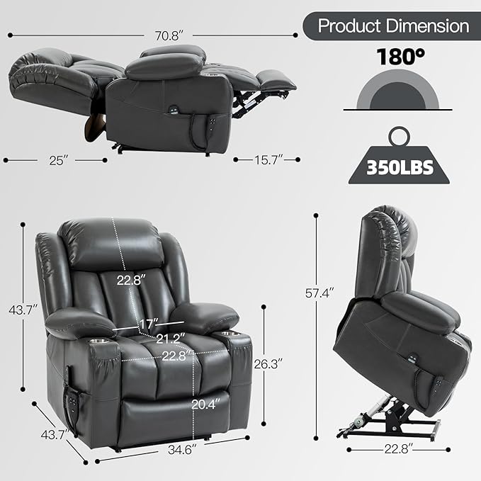 Lay Flat Lift Recliner Chair with Massage &amp Heat for Elderly People Electric Power Lift Chair w/Dual Motor 2 Stainless Steel Cup Holders and 2 Remote Controls Breathable Faux Leather Grey