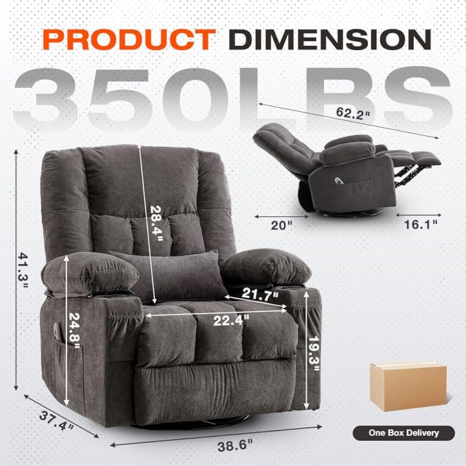 Power Swivel Recliner Chair with Rocking Function for AdultsOversized Rocker Recliner with Side Pocket2 Cup Holders for Living Room