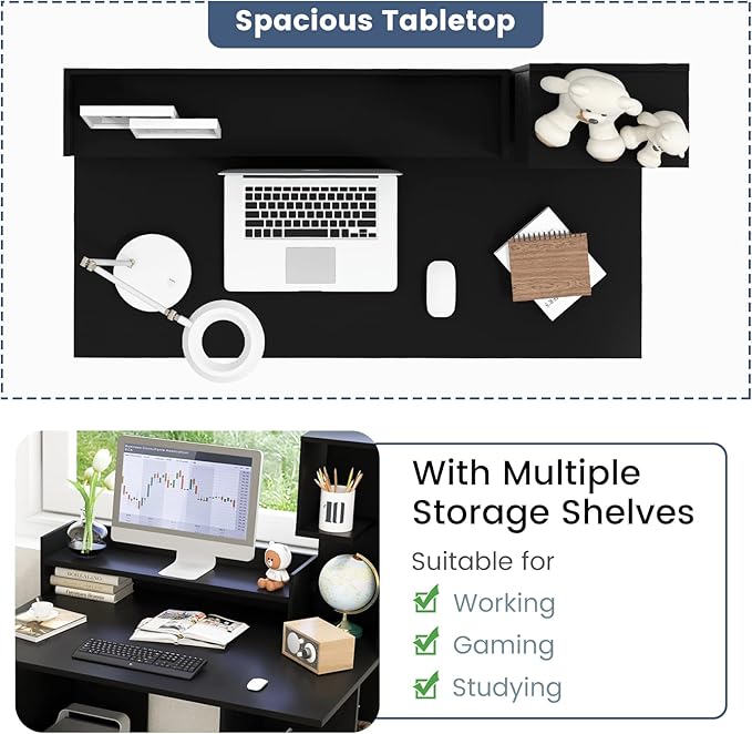 Tangkula Computer Desk with Storage Bookshelf &amp Hutch 48” Modern Home Office Desk with 8 Storage Shelves Space Saving Writing Study Desk for Bedroom Compact Computer Workstation for Home (Black