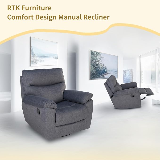 Reclining Sofa Rocking Recliner Chair Manual Adjustable 360 Swivel with Ergonomics Overstuffed Lumbar Arm Support Natural Fabric Surface Made for Living Room Bedroom Nursery Dark Grey