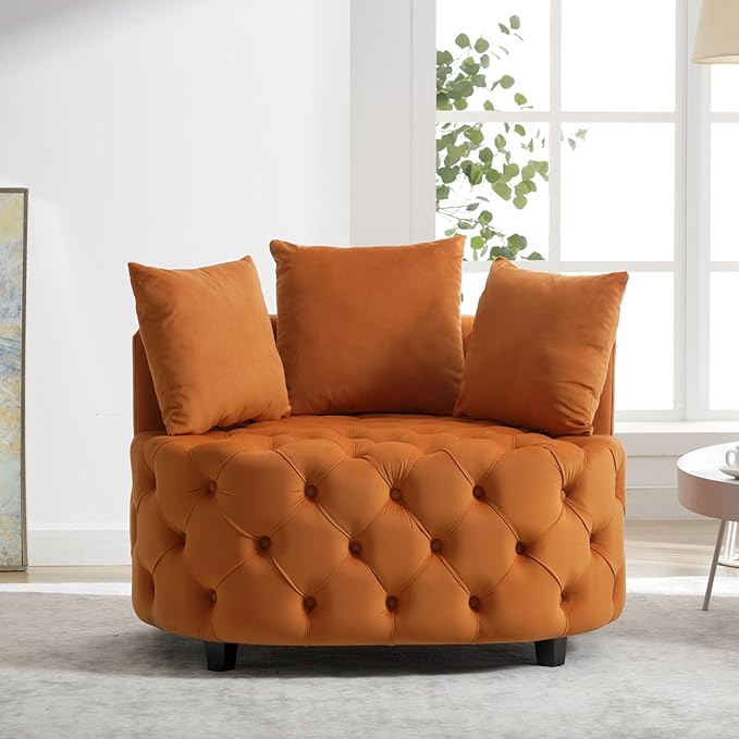 Eafurn 40.6 Wide Oversized Velvet Barrel Accent Chair Modern Round Armchair with Deep Button Tufting &amp 3 Toss Pillows Modern Lounge Chair for Living Room Bedroom Reading Nook