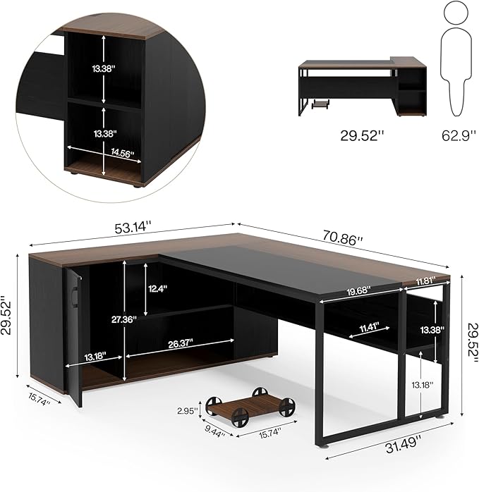 Tribesigns 71 inch Executive Desk L Shaped Desk with Cabinet Storage Executive Office Desk with Shelves Business Furniture Workstation for Home Office Black and Brown