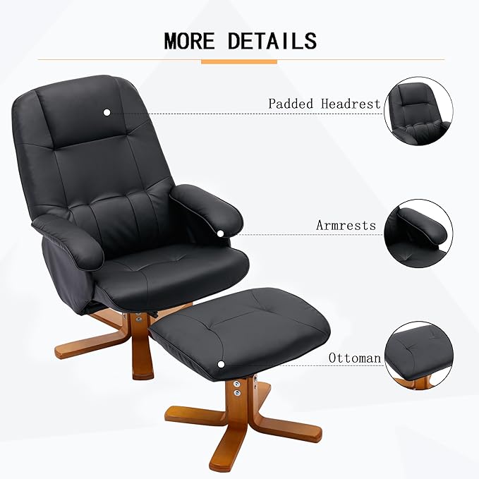 Recliner Chair with Ottoman Swivel Recliner Chair with Wood Base for Livingroom Bedroom Faux Leather BeigeBlack