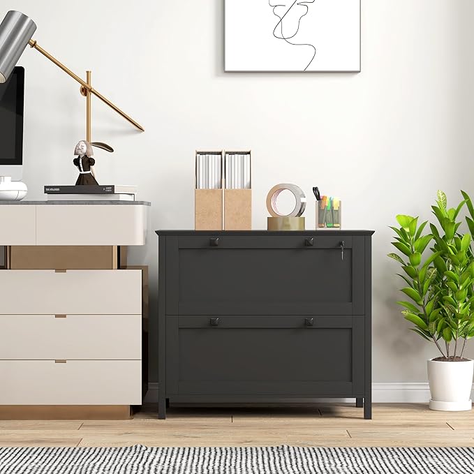 2 Drawer Small File Cabinet with Lock Under Desk Locking Storage Drawers Organizer Filing Cabinets for Home OfficeModern Farmhouse FurnitureBlack