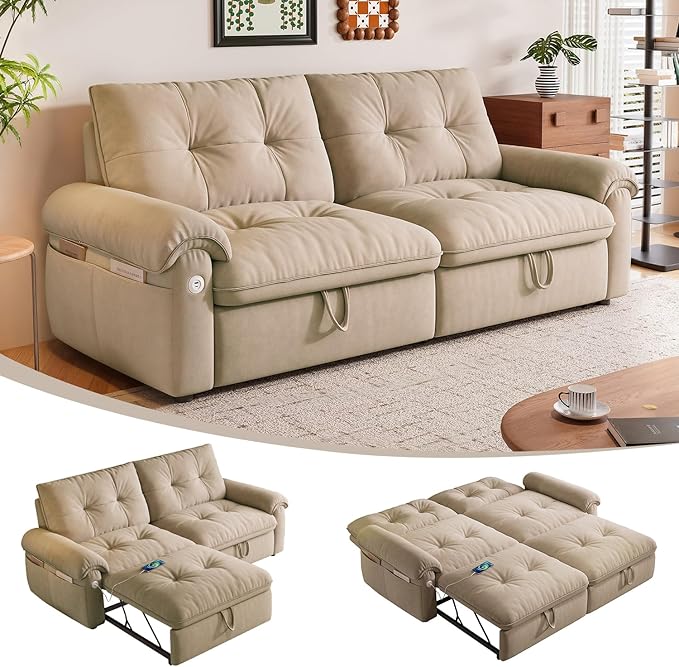 77 Queen Size Sofa Bed 2-in-1 Convertible Sleeper Sofa Bed with Adjustable Backrest Modern Velvet Couch with Side Pocket and USB Ports for Living Rooms Bedrooms Small Spaces (Brown 77.2inch)