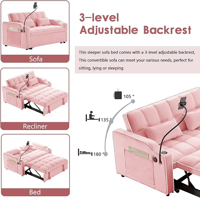 3 in 1 Convertible Sofa Bed Velvet Pull Out Couch Bed w/ Adjustable Back Love Seat Sleeper Beds w/ USB Ports &amp Cup Holders Phone Stand Full Size Futon Couch for Living Room Small Spaces (Pink)