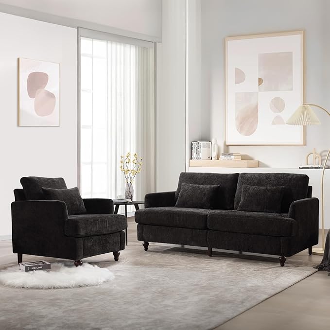 KINFFICT Modern Accent Chair for Living Room Upholstered Single Sofa Chair with Lumbar Pillow Comfy Armchair with Thickened Cushion Living Room Chairs for Bedroom Office Black Chenille
