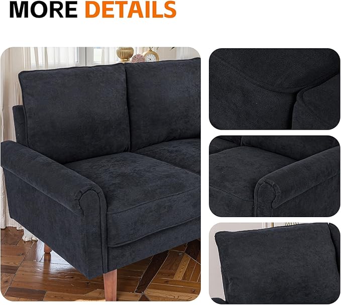 57-Inch Modern Velvet Loveseat Sofa with Rolled Armrests Removable Cushions Solid Wood Legs Comfy Two-Seater Sleeper Couch Easy Assembly for Living Room Bedroom Office Black (Black 2 Seater)