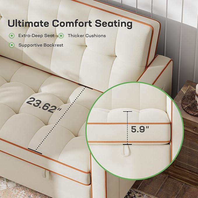 Marsail 3-in-1 Convertible Futon Sleeper Sofa Bed Pull Out Couch with Adjustable Backrest USB Charging &amp Side Pockets Velvet Fabric Sofa Loveseat for Living Room Apartment Ivory White