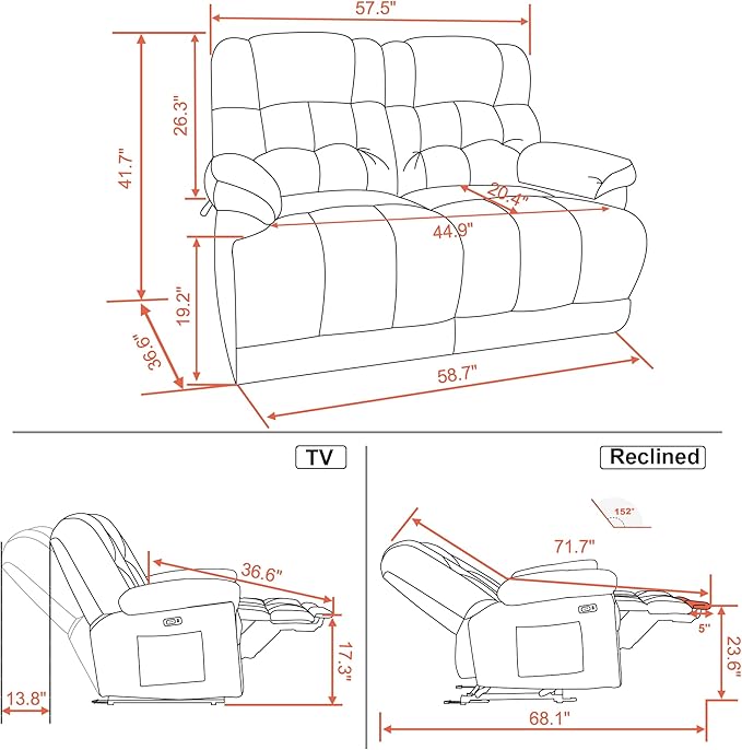 MCombo 58.7 Zero Gravity Power Loveseat Recliner with Heat and Vibration Massage Reclining Loveseat Sofa with USB Ports for Living Room Fabric 6237 (Beige)