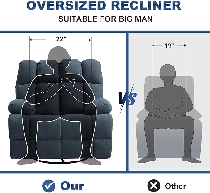 Oversized Recliner Chair 360° Swivel Rocker Recliner for Big Man Extra Wide Manual Recliner Overstuffed Soft Rocking Sofa Chair Overstuffed Soft Rocking Sofa Chair for Living Room(Grey)