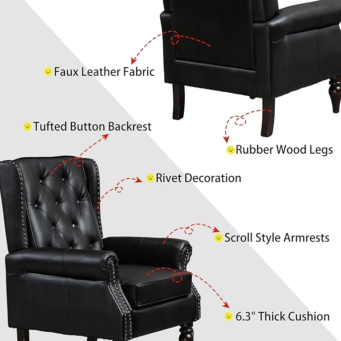 Homtique Faux Leather Accent Chair Modern Living Room Chairs Button Tufted Wingback Armchair with Wood Legs Upholstered Bedroom Chair with Rivet Decoration Leisure Reading Chair Black