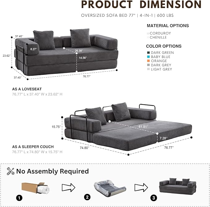 Alpen Boneless Couch Bed 4-in-1 Fold Out Couch Bed with L-Shaped Armrests Futon Chair Sleeper Sofa Mattress Fold Out Comfy Lounge for Living Room Bedroom Apartment Dark Grey