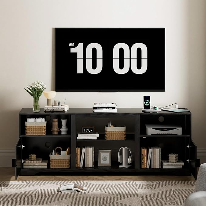 Fluted TV Stand for Tvs up to 80Mid Century Modern TV Stand with Open Adjustable ShelfEntertainment Center Wood TV Media Console with Cord Holes for Living Room Furniture BedroomBlack