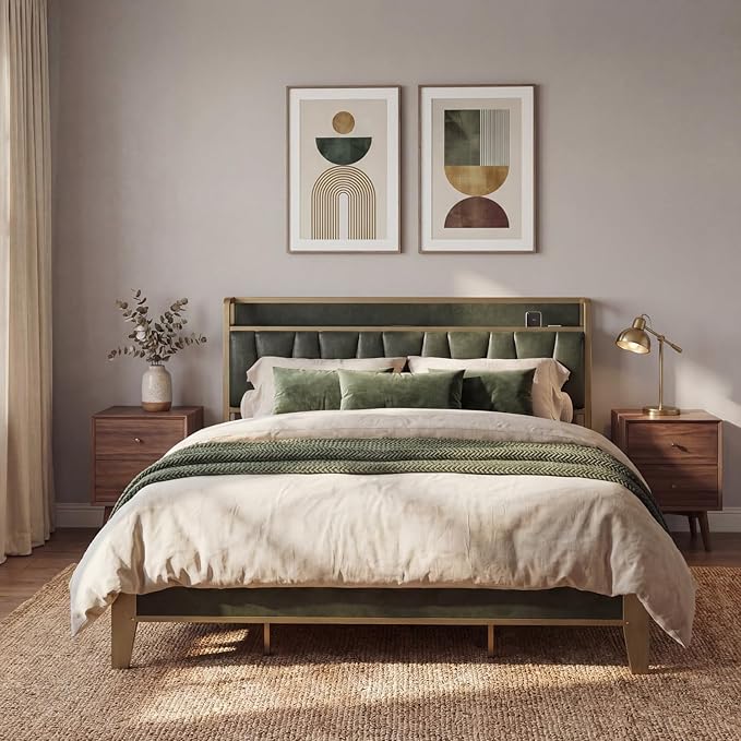 LIKIMIO California King Bed Frame Storage Headboard with Charging Station Solid and Stable Noise Free No Box Spring Needed Easy Assembly (Dark Green)