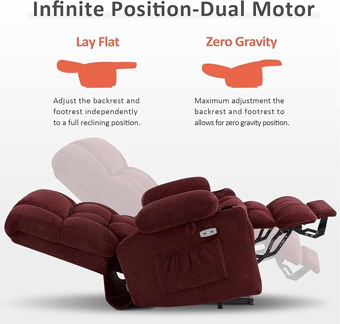 MCombo Dual Motor Large Power Lift Recliner Chair for Elderly Lay Flat Lift Chair with Heat and Massage Big Lift Recliner for Tall People Cup Holders Fabric 7896 (Large Burgundy)