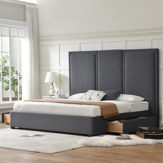 YUHUASHI King Size Bed Frame with 64-inch High Headboard Simple and Airy Linen Upholstered Platform Bed with Storage Drawers Wood Slat No Noise (Grey King (U.S. Standard))
