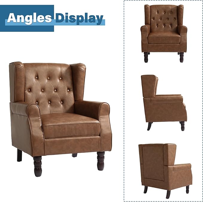 High Back Accent Chair Faux Leather High Wingback Chair for Living Room Button-Tufted Upholstered Armchair with Solid Wood Legs Comfy Single Sofa Reading Chair for Bedroom Brown
