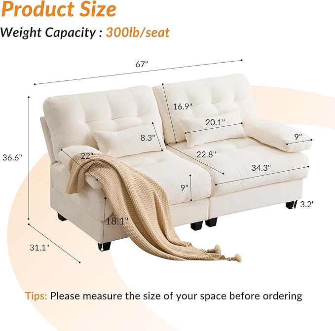 67'' Modern Chenille Love Seat Sleeper Cloud Couch BedConvertible Cozy Deep Seat Couches with Wide Armrest &amp Throw Pillows for Living RoomHomeBedroom(Ivory)