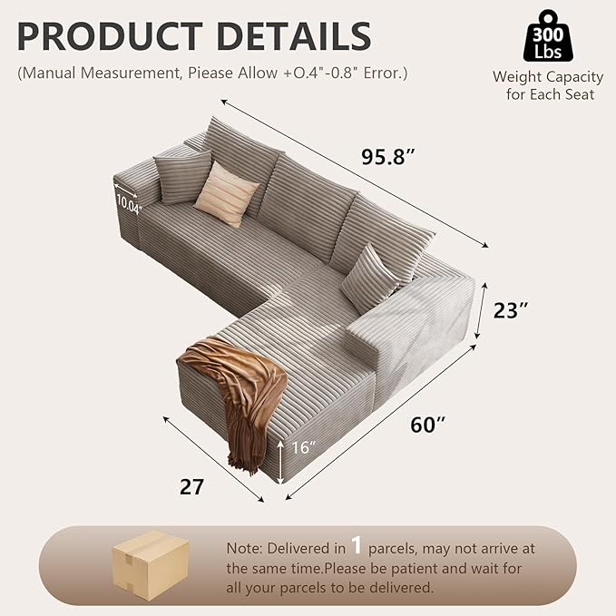95 Cloud Sectional Couch with L-Shape Chaise Modern Corduroy Boneless Deep Seat Sofa 3-Seater Modular Sleeper Couch for Living Room Bedroom Apartment No Assembly (Camel Right-Facing Chaise)