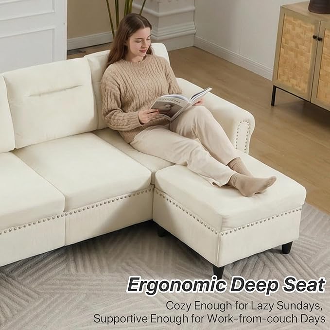 Westice 106 Modular Sectional Sofa with Movable Ottoman Deep-Seat L-Shaped Couch 4-Seater Modern Sofa for Living Room Bedroom or Apartment (Beige)