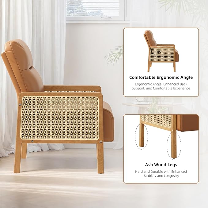 Rattan Accent Chair with Rattan Arms Mid Century Modern Chair for Living Room Faux Leather Upholstered Comfy Chair for Bedroom Reading Room Home Office Whisky Brown