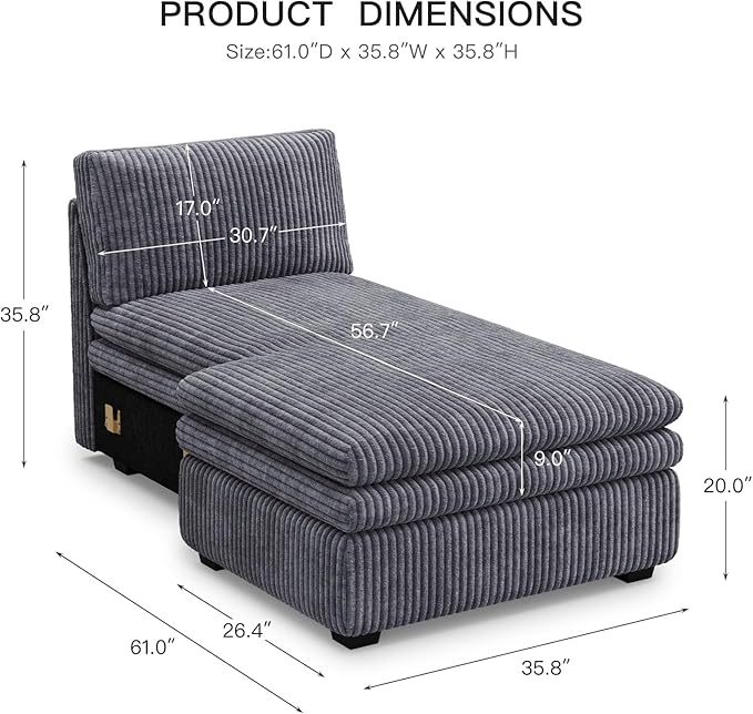 Belffin Chaise Module for Large Modular Sectional Sofa Upholstered Left-Facing Chaise Part for Plush Corduroy Sectional Couches for Living Room Apartment Light Grey