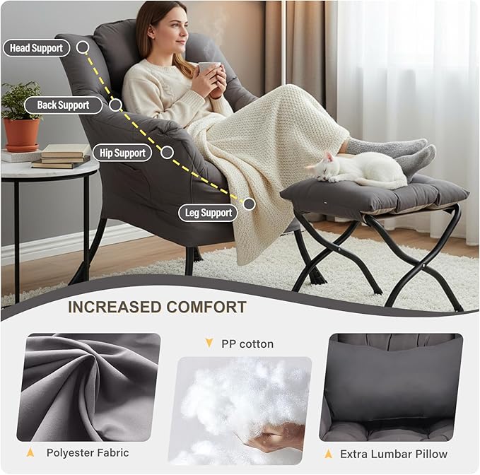 Lazy Chair with Ottoman Modern Accent Chair with Lumbar Pillow Dark Grey Sofa Armchairs with Folding Footrest Oversized Supportive Chairs for Bedroom Reading