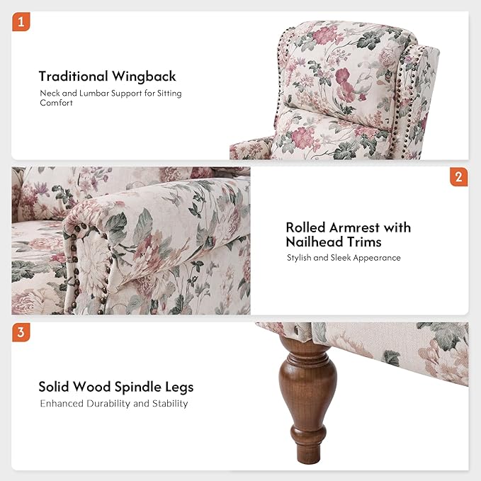 Pushback Recliner Chair Upholstered Floral Fabric Wingback Chair Single Sofa Accent Chair with Lumbar Support and Rivet Decoration for Living Room Bedroom Floral