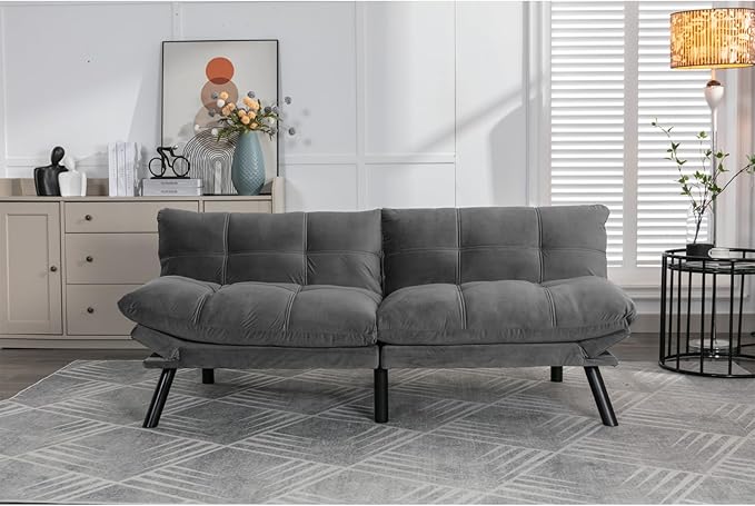 Anwick Futon Sofa Bed Velvet Convertible Futon Sleeper Couch 71 Sleeper Sofa Bed with Adjustable Backrest Modern Loveseat Couch for Compact Living Room Apartment Office (Grey)