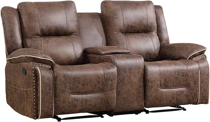 EBELLO Faux Leather Manual Recliner Loveseat 2 Seater Reclining Sofa Chair with Center Console Hidden Storage and Cup Holders Vintage Rivet Mid-Century Design for Living Room Meeting Room Brown