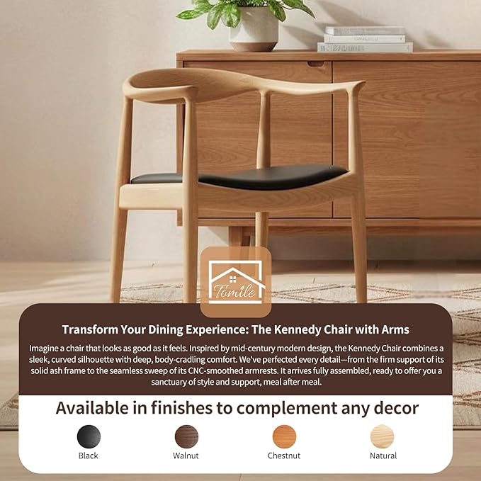 Tomile Hans Wegner Kennedy Chair Mid Century Modern PU Leather Dining Armchair with Comfortable Curved Backrest Solid Ash Wood Frame Fully Assembled for Kitchen Dining Room Office (Natural)