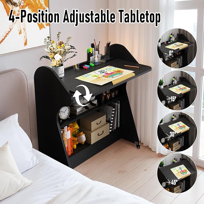 Pmnianhua Portable Mobile Desk on Wheels with Adjustable Angle TaletopHome Office DeskRolling Computer Desk with Wheels and Storage for Home Office Small Space(Black)