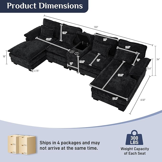 133 Oversized U Shaped Cloud Couch Modular Sectional Couches for Living Room Comfy Chenille Deep Seat Sofa Set with Double Chaise Lounge Storage Central Console Cup Holders USB Port Dark Black