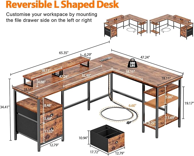 Furologee 66” L Shaped Desk with Power Outlet Reversible Computer Gaming Desk with File Drawer &amp 2 Monitor Stands for Home Office with Storage Shelves Rustic Brown