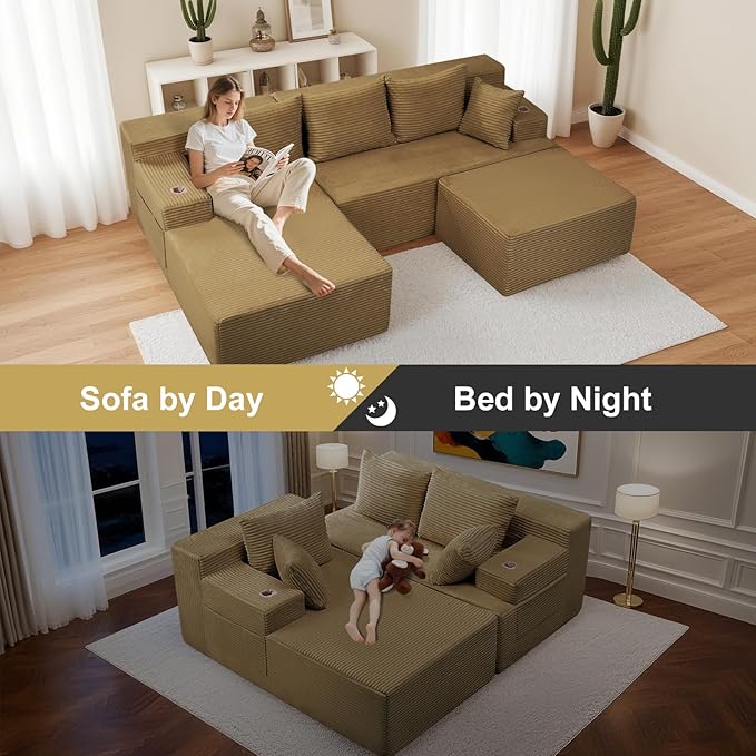 Boneless Couch Cloud Modular Sectional Sofa Modern Convertible L Shaped 3 Seat Corduroy Deep Seat Boneless Couches with 5 Pillows for Living Room Apartment (Brown Left Facing Chaise+Ottoman)