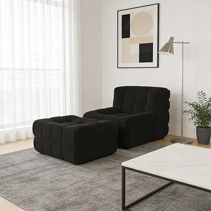 Bean Bag Chair - Memory Foam Bean Bag Chair for Adults Comfy High-Resilience Single Sofa Small Space Floor Chair Chaise Lounge for Living Room Bedroom (Black Square + Ottoman)